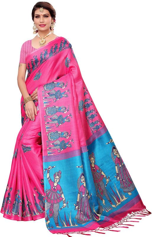 Printed Madhubani Silk Blend Saree  (Pink)