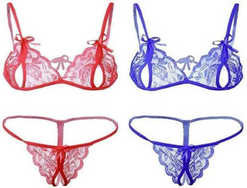 Bra & Panty Set Self Design Black, Blue Lingerie Set