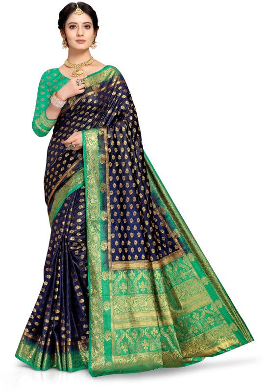 Woven Banarasi Silk Blend Saree  (Dark Blue, Green)