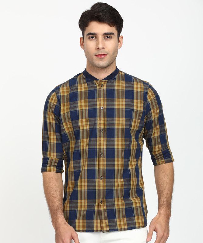 Men Slim Fit Checkered Mandarin Collar Casual Shirt