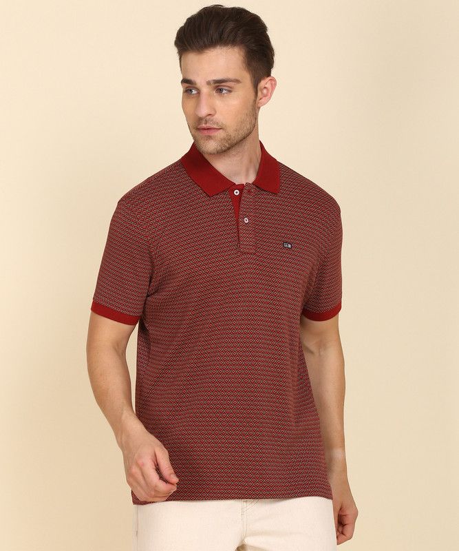Men Printed Polo Neck Pure Cotton (230 gsm) Maroon T-Shirt