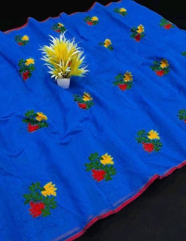 Embroidered Bhagalpuri Cotton Blend Saree  (Blue)
