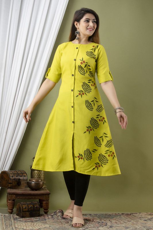 Women Floral Print Pure Cotton Frontslit Kurta  (Green)
