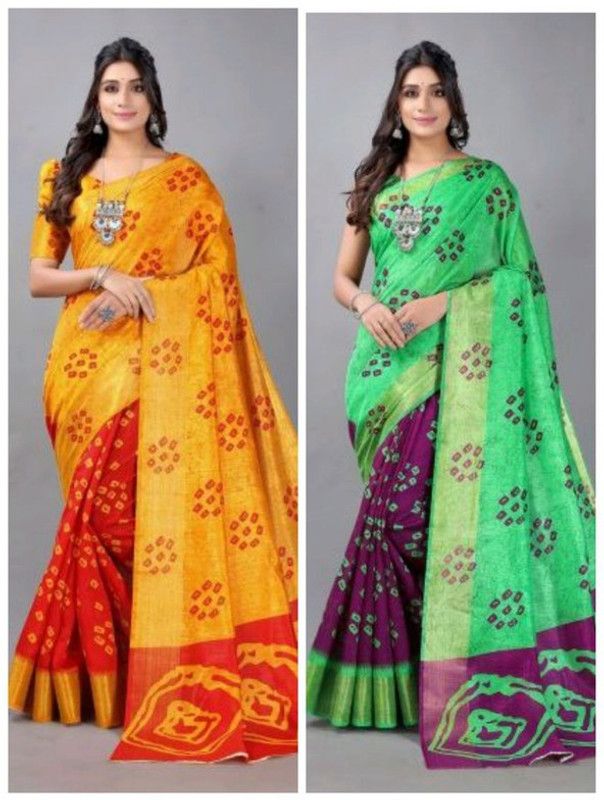 Bandhani Cotton Blend Saree  (Pack of 2, Multicolor)