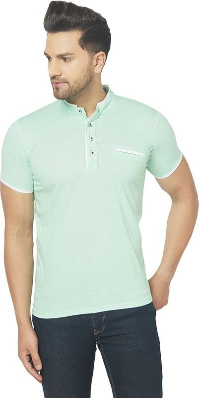 Men Solid Mandarin Collar Cotton Blend Light Green T-Shirt