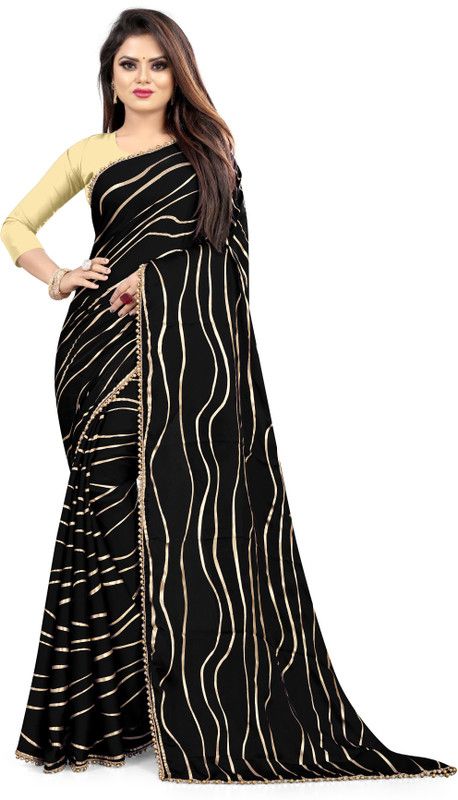 Striped Bollywood Satin Saree  (Black)