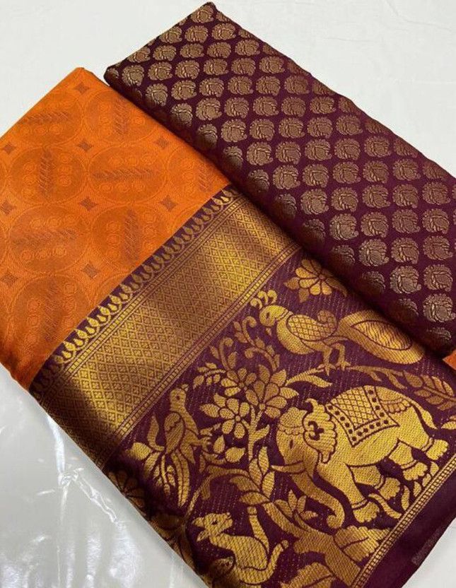 Woven Paithani Jacquard, Cotton Silk Saree  (Orange)