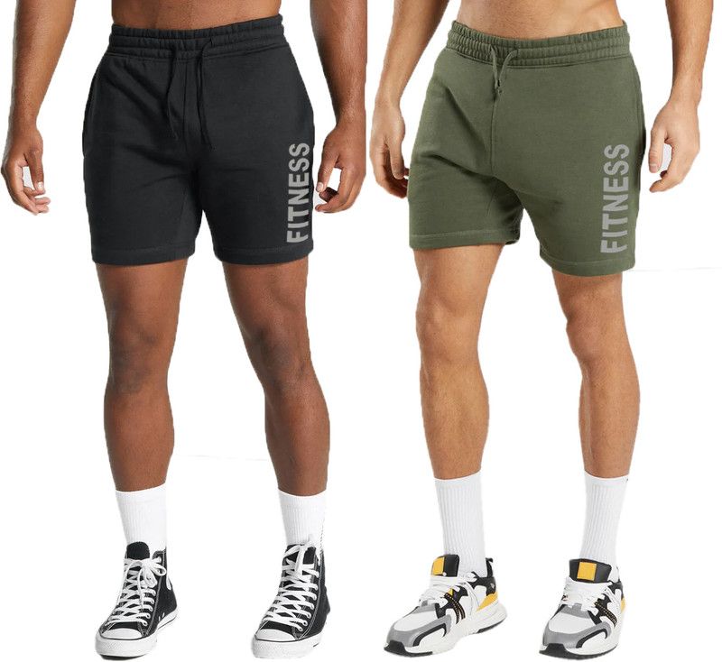 Pack of 2 Solid Men Black, Dark Green Basic Shorts