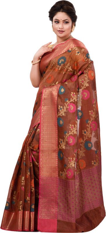 Woven Banarasi Georgette Saree  (Brown)