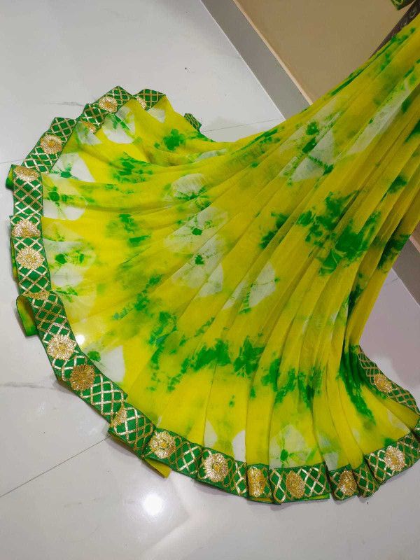 Color Block Bandhani Chiffon Saree  (Light Green)