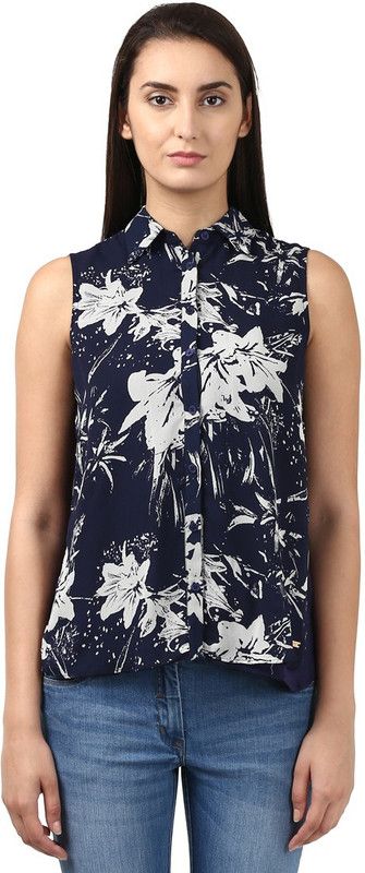 Casual Sleeveless Printed Women White, Blue Top