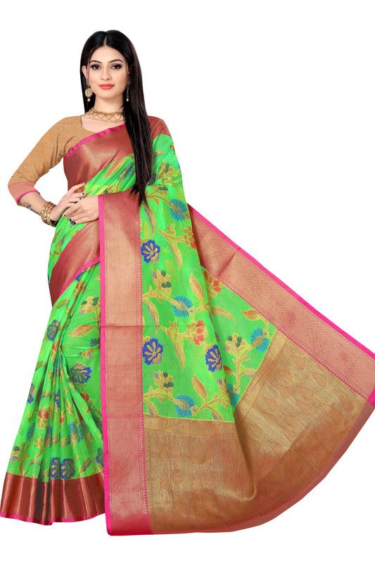 Woven Kanjivaram Organza Saree  (Light Green)