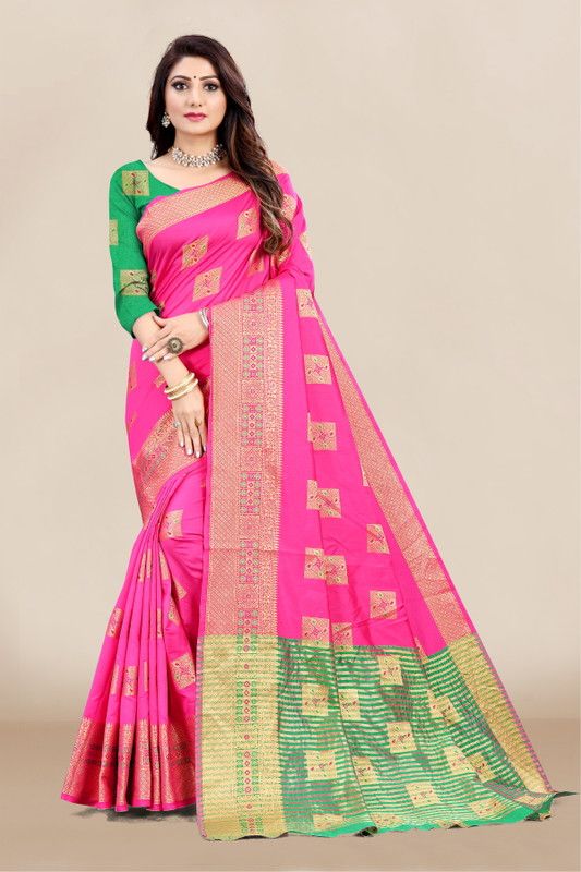 Woven Maheshwari Silk Blend, Art Silk Saree  (Pink)