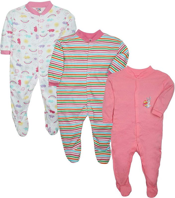 Romper For Baby Boys & Baby Girls Striped, Printed Cotton Blend  (Multicolor, Pack of 3)