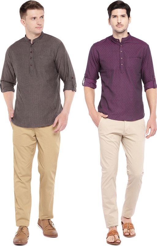 Pack of 2 Men Self Design Jacquard, Pure Cotton Straight Kurta  (Red, Brown)