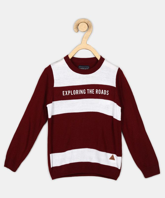 Boys Striped Crew Neck Maroon, White Sweater