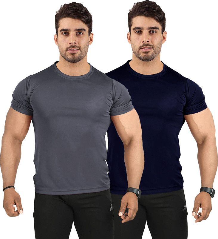 Pack of 2 UDI n ADI Men's Navyblue And Grey Combo T-Shirt Polyester Drifit For Men Pack Of 2 Men Solid Round Neck Viscose Rayon Dark Blue, Grey T-Shirt