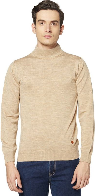 Men Self Design High Neck Brown Sweater