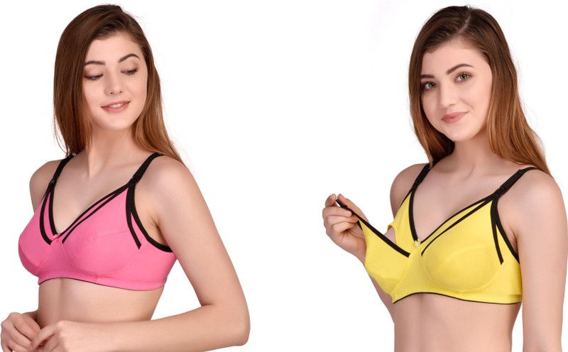 Pack of 2 Women Maternity/Nursing Non Padded Bra  (Pink, Yellow)