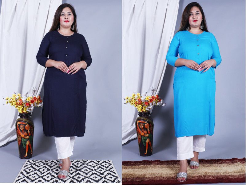 Pack of 2 Women Solid Viscose Rayon Straight Kurta  (Blue)