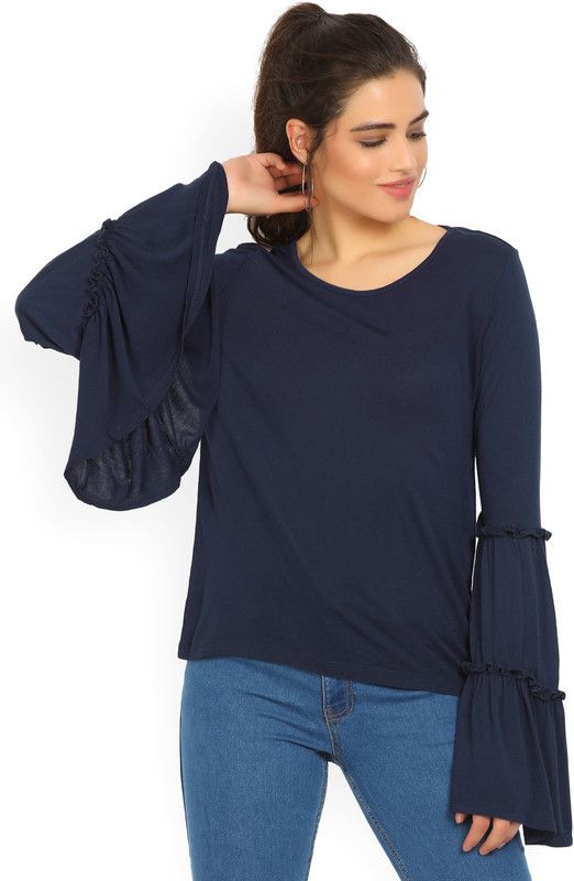 Casual Extended Sleeves Solid Women Dark Blue Top