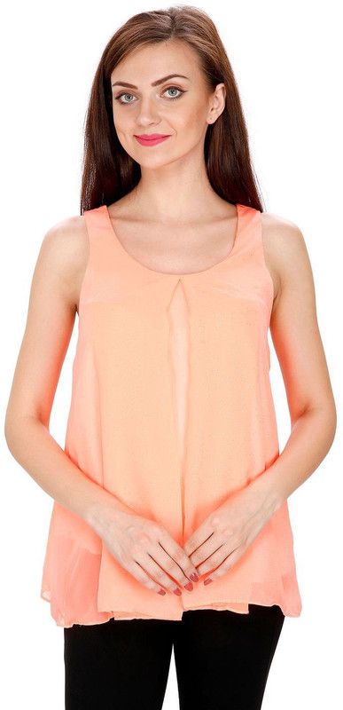 Party Sleeveless Self Design Women Orange Top