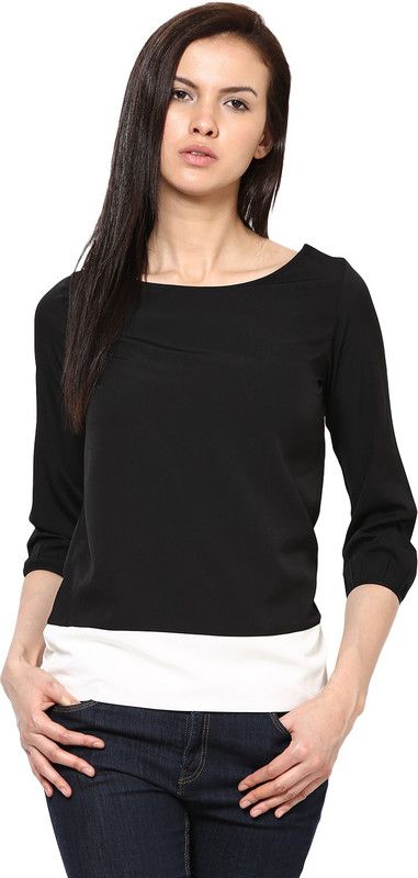 Casual Regular Sleeves Color Block, Solid Women Black Top