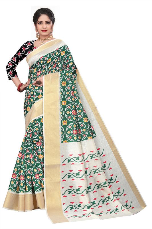 Blocked Printed Ikkat Linen Saree  (Green)