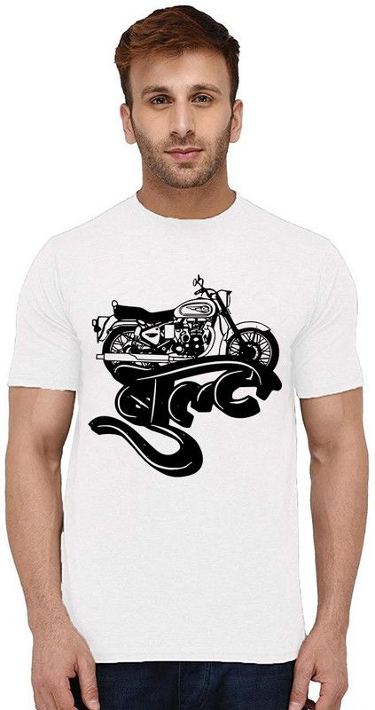 Bullet Hindi Men Printed Round Neck Pure Cotton White T-Shirt