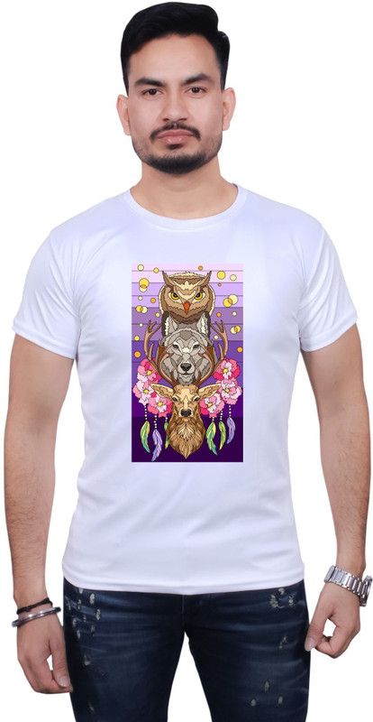 MANISH SHARMA Men Graphic Print Round Neck Polyester White T-Shirt