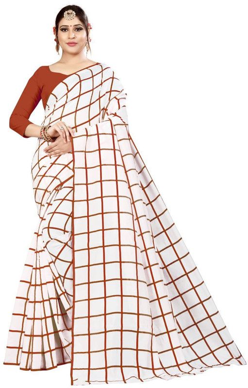 Checkered Chettinadu Silk Blend Saree  (White)