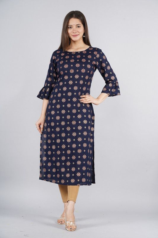 Women Kurta  (Dark Blue, Gold)