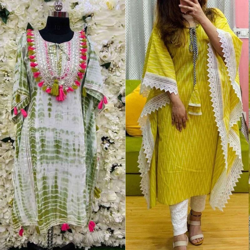 Pack of 2 Women Printed Cotton Rayon Kaftan Kurta  (Multicolor)