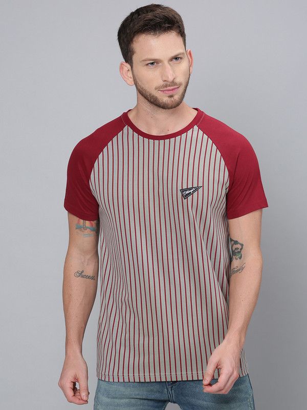 Men Striped Round Neck Pure Cotton Red, Grey T-Shirt