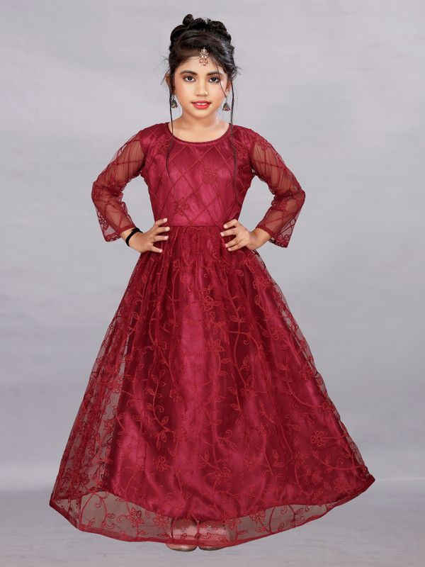 Girls Maxi/Full Length Festive/Wedding Dress  (Maroon, 3/4 Sleeve)