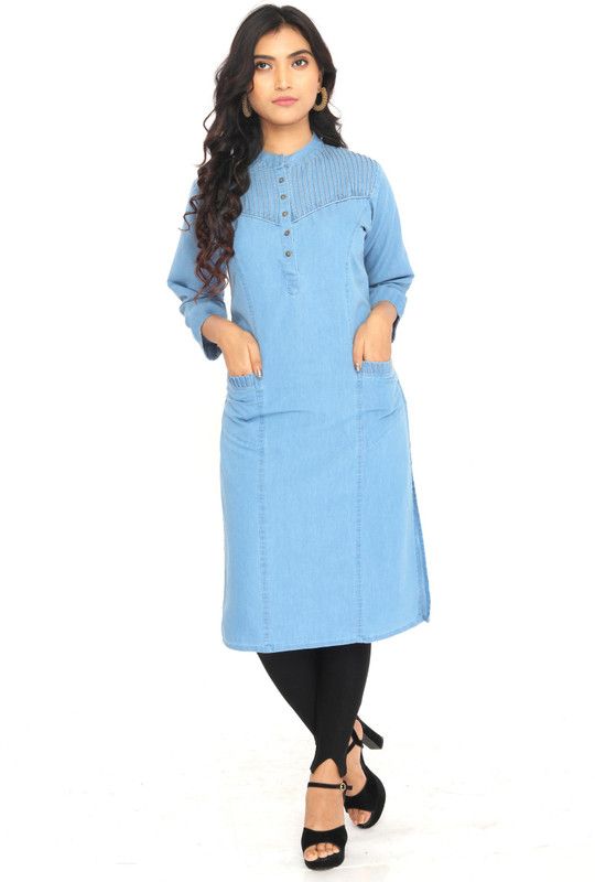 Women Self Design Cotton Blend Straight Kurta  (Light Blue)