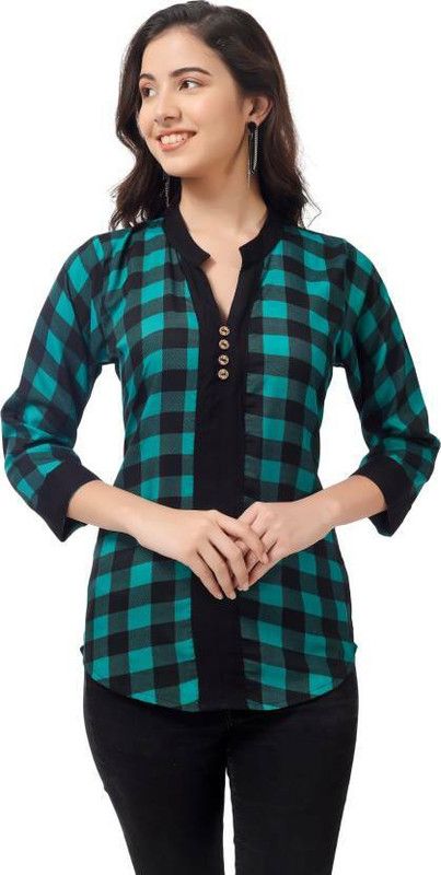 Casual Checkered Women Green, Black Top