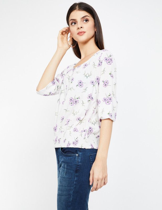 Casual Balloon Sleeve Floral Print Women White Top