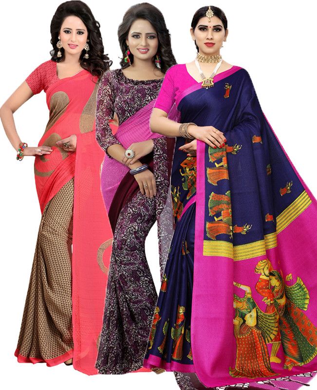 Printed Daily Wear Georgette Saree  (Pack of 3, Red, Purple, Pink)