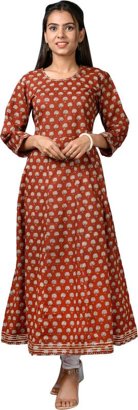 Printed Pure Cotton Stitched Straight Gown  (Brown)