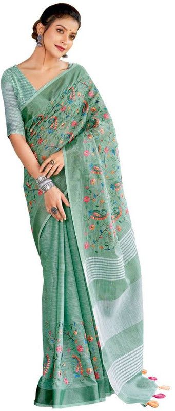 Woven Banarasi Linen Saree  (Blue)