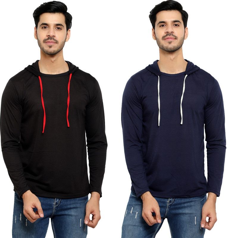 Pack of 2 HMT Men Solid Hooded Neck Cotton Blend Dark Blue, Black T-Shirt