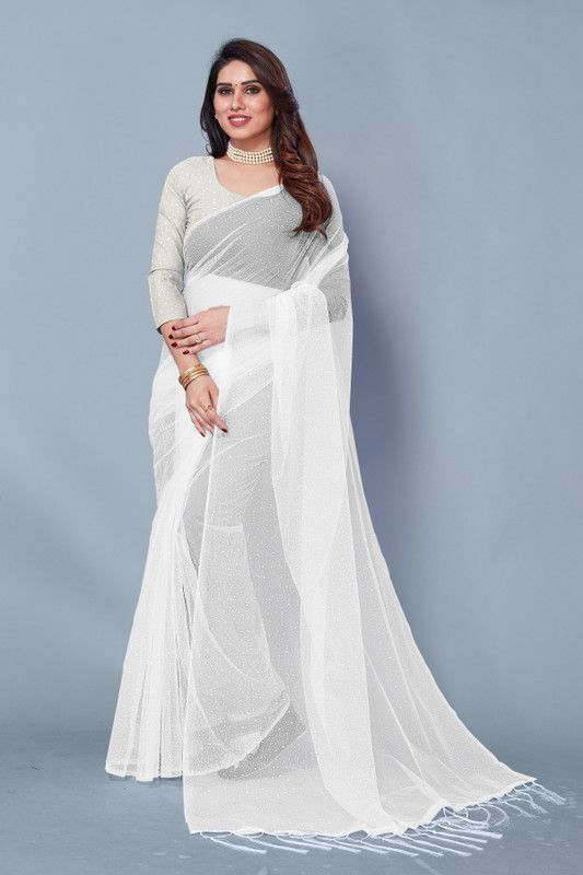 Printed Daily Wear Net Saree  (White)