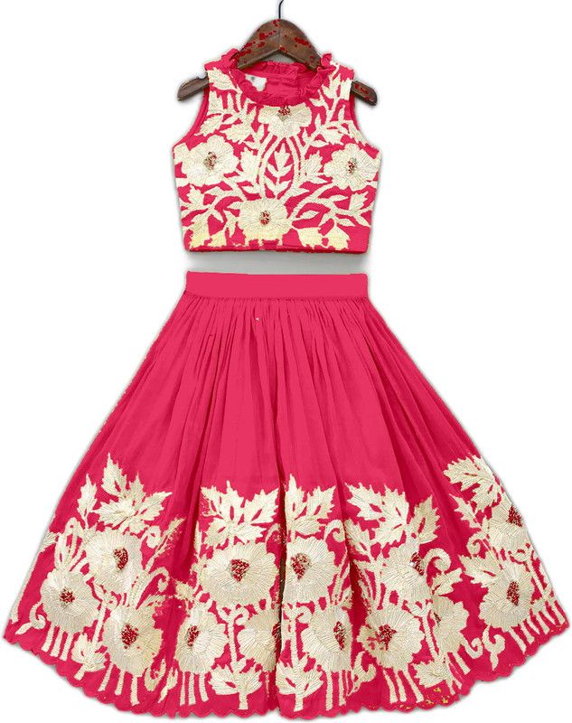Indi Girls Lehenga Choli Ethnic Wear Embroidered Lehenga & Crop Top  (Pink, Pack of 1)