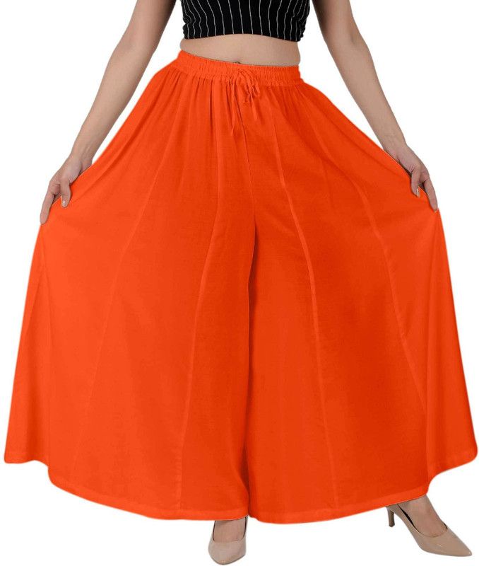 Women Flared Orange Viscose Rayon Trousers