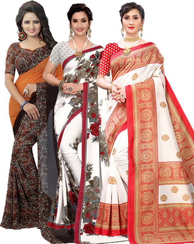 Printed Bollywood Georgette Saree  (Pack of 3, Orange, Maroon, Red)