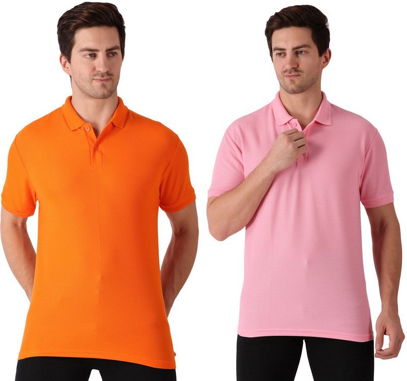 Solid Men Orange, Pink T-Shirt  (Pack of 2)