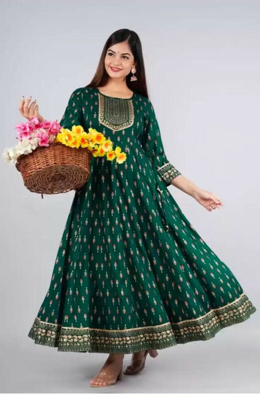 Women Printed Cotton Rayon Gown Kurta  (Green)
