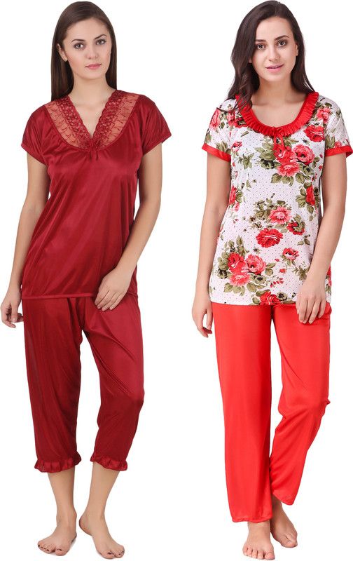 Women Night Suit Set Red Floral Print