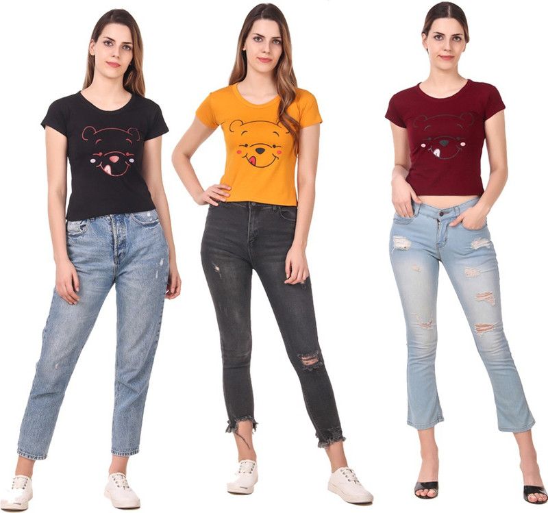 Pack of 3 Women Printed Round Neck Cotton Blend Red, Black, Yellow T-Shirt